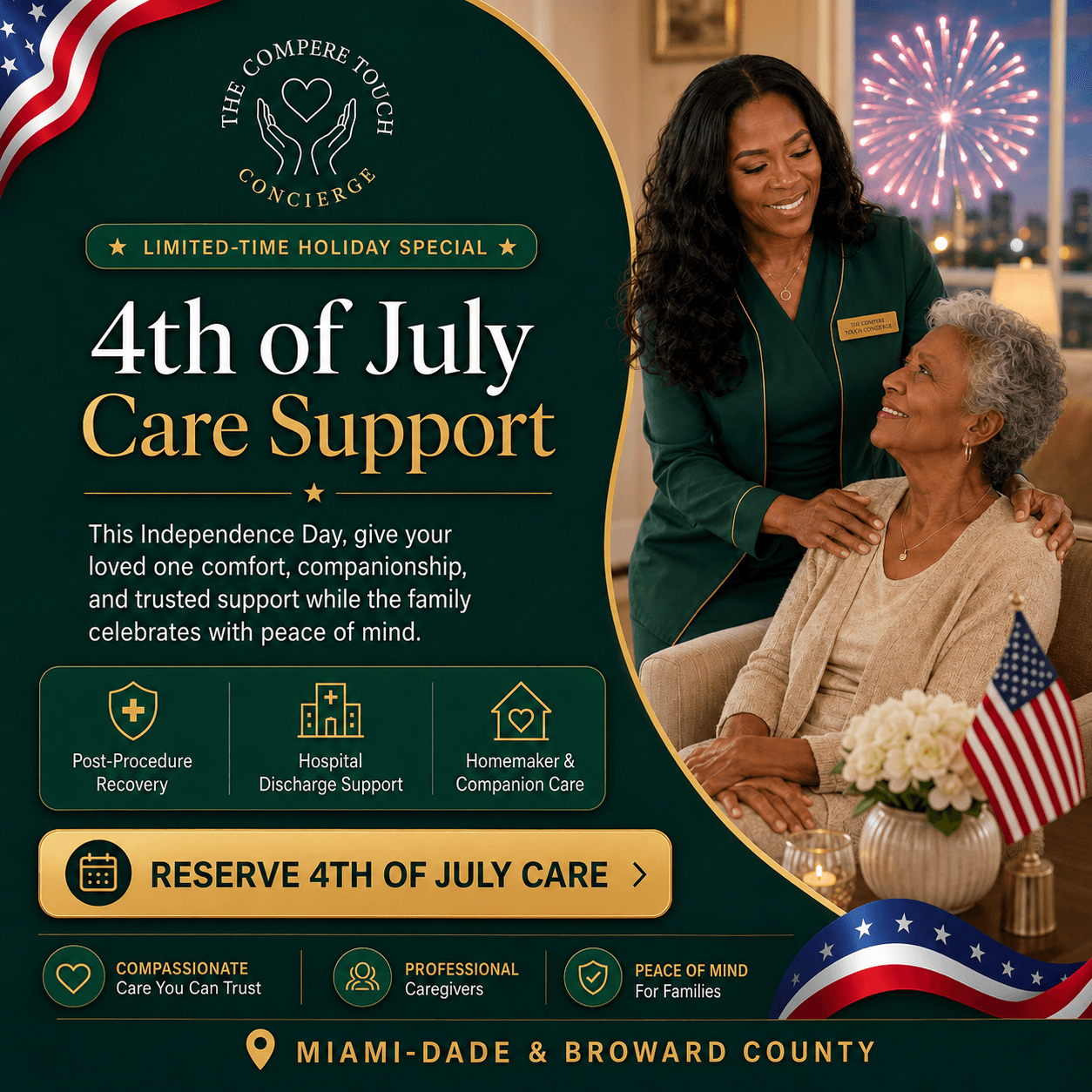 4th of July Care Support flyer for The Compere Touch Concierge