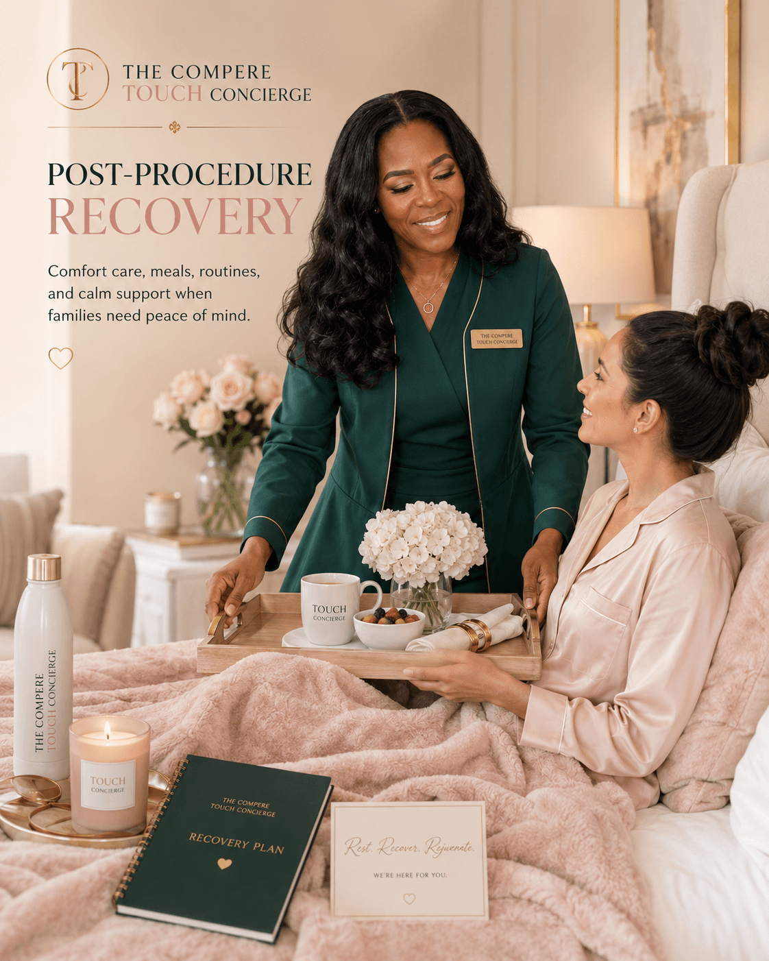 Post-procedure recovery support by The Compere Touch Concierge in a calm luxury recovery setting